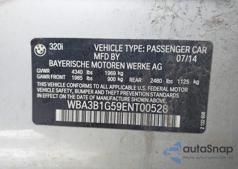 2014 BMW 320I z USA, uszkodzony, nr VIN WBA3B1G59ENT00528